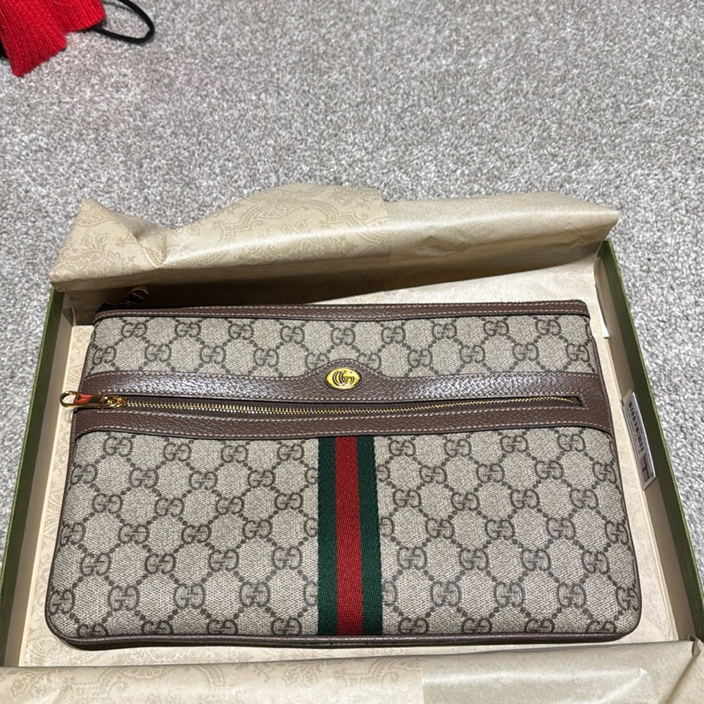 GG Supreme Monogram Large Ophidia Pouch Clutch Brown